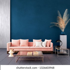 Modern Dark Blue Living Room Interior With Pink Color Couch And Golden Decor,wall Mock Up,3d Render