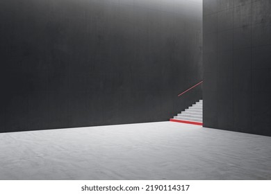 Modern Dark Concrete Tile Interior With Stairs And Mock Up Place On Wall. School Hallway And Corridor Concept. 3D Rendering