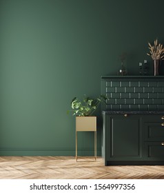 Modern Dark Deep Green Kitchen Interior, Wall Mock Up, 3d Render