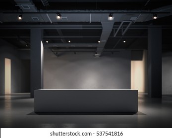 Modern dark gallery space with bright showcase. 3d rendering
