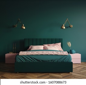 Modern Dark Green Bedroom Interior, 3d Render