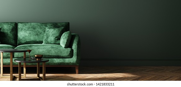 Modern Dark Green Home Interior Background, Wall Mock Up, 3d Render