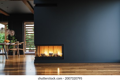 Modern dark home interior background, wall mock up, 3d render