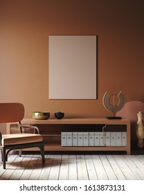 Modern Dark Interior With Commode, Chair And Decor In Terracotta Colors, 3d Render