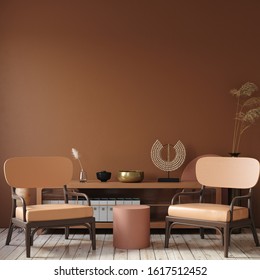 Modern Dark Interior With Commode, Chairs And Decor In Terracotta Colors, 3d Render