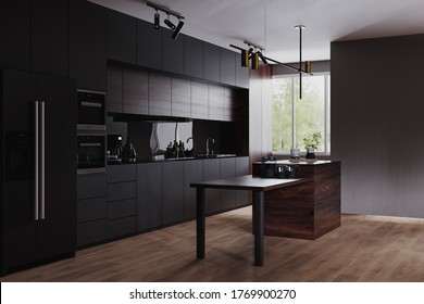 Modern Dark Kitchen And Dinning Room Interior With Furniture And Kitchenware, Grey, Black And Dark Wood Kitchen Interior Background, Luxury Kitchen, 3d Rendering