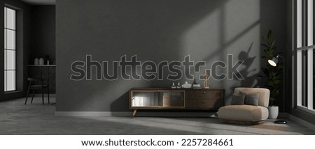 Modern dark living room interior design with stylish furnitures, stylish TV cabinet with home decor, comfortable chair, minimal lamp and houseplant against the black wall. 3d render, 3d illustration Foto stock © 