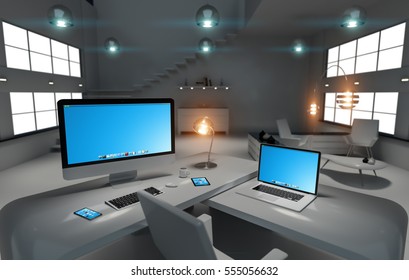 Modern dark office interior with desk computer and digital devices 3D rendering