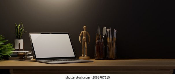 Modern Dark Workspace With Laptop Computer, Accessories And Copy Space On Wooden Table Over Black Wallpaper. 3d Rendering, 3d Illustration