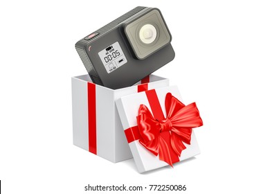 Modern Dashcam DVR Inside Gift Box, Gift Concept. 3D Rendering Isolated On White Background