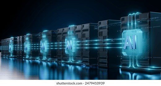 Modern data center with AI server racks connected by glowing blue lines, representing artificial intelligence, advanced computing, and data processing.