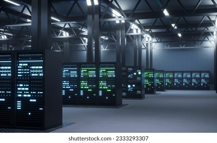 Modern data center providing cloud services, enabling businesses to access computing resources and storage on demand over internet. Server room infrastructure 3D render animation. 3D Illustration