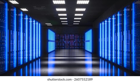 Modern data center with server racks emitting blue light, 3d background