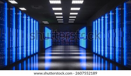 Modern data center with server racks emitting blue light, 3d background
