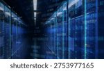 Modern Data Center Server Room with Blue Digital Information Overlays Representing Global Network and Cybersecurity Infrastructure