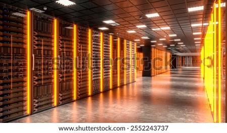 Modern data center server room glowing with orange lights 3d background