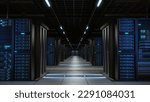 Modern Data Technology Center Server Racks Working in Well-Lighted Room. Internet of Things, Big Data Protection, Storage, Cryptocurrency Farm, Cloud Computing. 3D Render, Shot of Mining Warehouse.