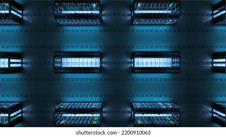 Modern Data Technology Center Server Racks Working In Dark Facility. Concept Of Internet Of Things, Big Data Protection, Storage, Cryptocurrency Farm, Cloud Computing. 3D Render Of  Warehouse.
