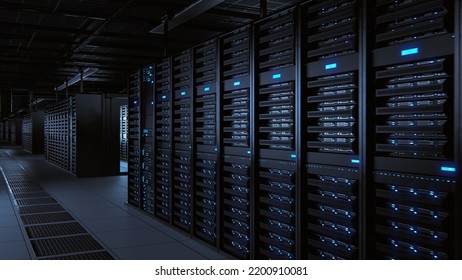Modern Data Technology Center Server Racks Working in Dark Facility. Concept of Internet of Things, Big Data Protection, Storage, Cryptocurrency Farm, Cloud Computing. 3D Render of Facility.