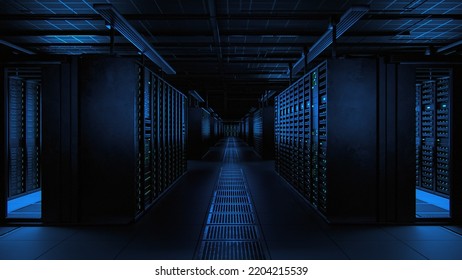 Modern Data Technology Center Server Racks Working In Dark Facility. Concept Of Internet Of Things, Big Data Protection, Storage, Cryptocurrency Farm, Cloud Computing. 3D Render Of Warehouse.