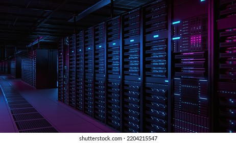 Modern Data Technology Center Server Racks Working in Dark Facility. Concept of Internet of Things, Big Data Protection, Cryptocurrency Farm, Cloud Computing. 3D Render of Warehouse for Crypto Mining.