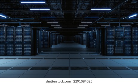 Modern Data Technology Center Server Racks Working in Dark Facility. Internet of Things, Big Data Protection, Storage, Cryptocurrency Mining, Cloud Computing. 3D Render of Crypto Farm Mock Up.