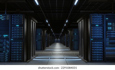 Modern Data Technology Center Server Racks Working in Well-Lighted Room. Internet of Things, Big Data Protection, Storage, Cryptocurrency Farm, Cloud Computing. 3D Render, Shot of Mining Warehouse.
