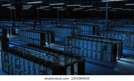 Modern Data Technology Center Server Racks Working in Dark Facility. Internet of Things, Big Data Protection, Storage, Cryptocurrency Farm, Cloud Computing. 3D Render, Shot of High Tech Warehouse.