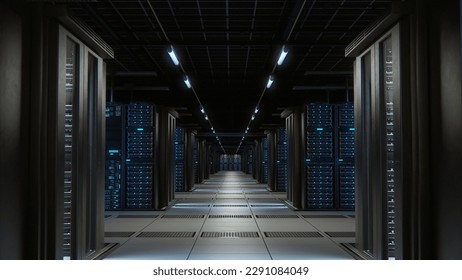 Modern Data Technology Center Server Racks Working in Well-Lighted Room. Concept of Internet of Things, Big Data Protection, Cryptocurrency Farm, Cloud Computing. 3D Render, Shot of Mining Warehouse.