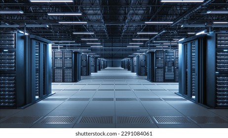 Modern Data Technology Center Server Racks Working in Dark Facility. Internet of Things, Big Data Protection, Storage, Cryptocurrency Farm, Cloud Computing. 3D Render, Moving Back Camera Shot.