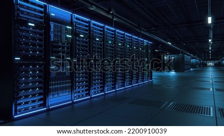 Modern Data Technology Center Server Racks Working in Dark Facility. Concept of Internet of Things, Big Data Protection, Cryptocurrency Farm Cloud Computing. 3D Render of Information Storage Facility.