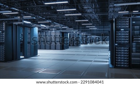 Modern Data Technology Center Server Racks Working in Well-Lighted Room. Concept of Internet of Things, Big Data Protection, Storage, Cryptocurrency Farm, Cloud Computing. 3D Render, Facility Footage.
