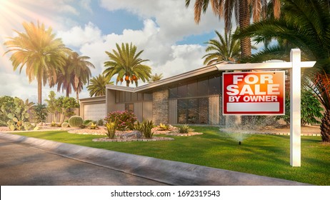 Modern Desert Home For Sale With Palms 3d Illustration