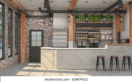 Modern Design Of The Bar In Loft Style.  3D Visualization Of The Interior Of A Cafe With A Bar Counter.