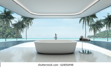 Modern Design Bathroom Background Take View Sea -3D Render