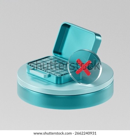 A modern design featuring a closed container with a grid of icons and a red "X" symbol, representing rejection, cancellation, or an invalid action in a digital context.