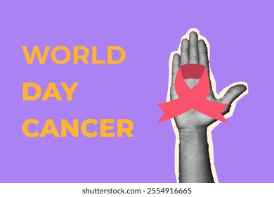 Modern Design halftone collage, World Cancer Day with a raised hand and a pink ribbon, symbolizing awareness and support for cancer patients.targeting health campaigns - Powered by Shutterstock