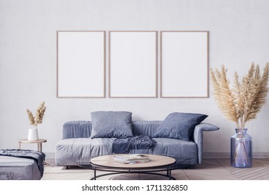 Modern Design Home Interior Of Living Room With Wooden Strips, Blue Furniture, Dries Flowers And Elegant Accessories. Stylish Home Decor. 3D Render, 3D Illustration