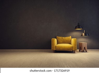 Modern Design Interior. Scandinavian Furniture. 3d Illustration. Yellow Armchair