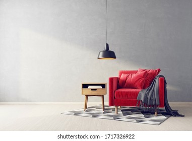  Modernes Interieur. skandinavische Möbel.3D-Abbildung. Roter Sessel