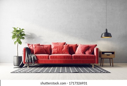  Modernes Interieur. skandinavische Möbel.3D-Abbildung. rotes Sofa