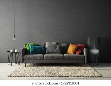 Modern design interior. Scandinavian furniture. 3d illustration, black sofa