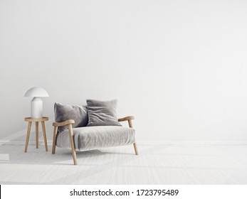 Modernes Interieur. skandinavische Möbel. 3D-Illustration, grauer Sessel