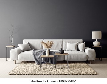Modern design interior with white sofa. Scandinavian furniture. 3d illustration