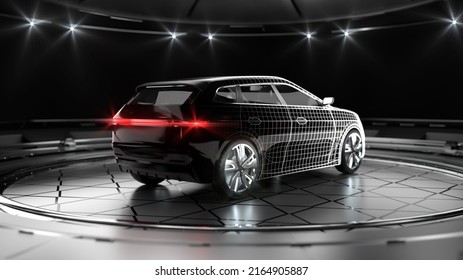 Modern Design And Tech Plan Of Black Suv Car With Led Headlights. A Back Side View Of A Generic Non Existing Prototype Of A Car. Professional Product 3D Rendering.