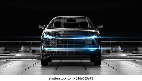 Modern design and tech plan of black suv car with led headlights. A front view of a generic non existing prototype of a car. Professional product 3D rendering.
