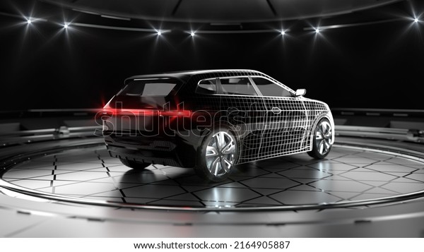Modern design and tech\
plan of black suv car with led headlights. A back side view of a\
generic non existing prototype of a car. Professional product 3D\
rendering.