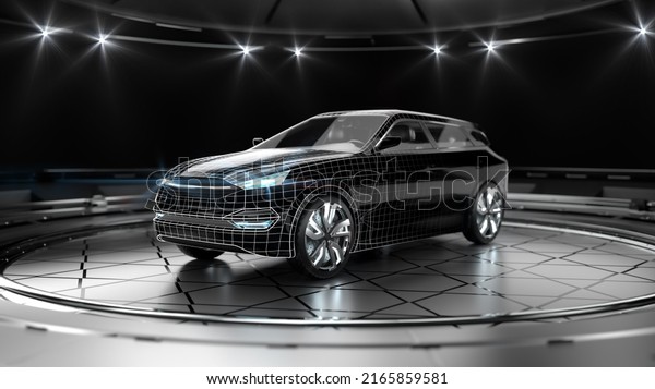 Modern design and tech plan of black suv
car with led headlights. A view of a generic non existing prototype
of a car. Professional product 3D
rendering.