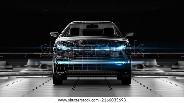 Modern design and tech plan of\
black suv car with led headlights. A front view of a generic non\
existing prototype of a car. Professional product 3D\
rendering.
