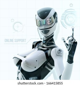 Modern designed robotic space. Futuristic female android configuring virtual digital interface 